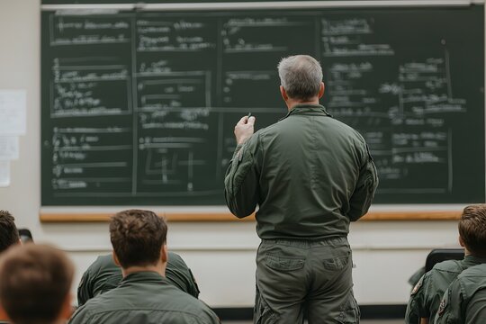 Teacher explaining concepts on a blackboard in a military flight school, surrounded by aviation charts and diagrams, emphasising education, discipline, and training for aspiring pilots