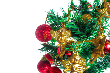 Festive Christmas tree with gold angel ornaments and red baubles on a white background