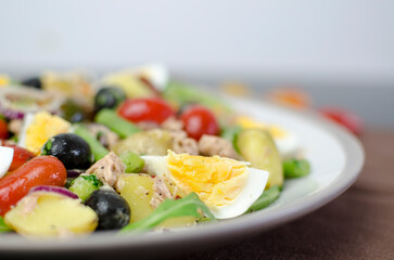 Salad Nicoise -Tuna, with green beans, cherry tomatoes, eggs, cooked potatoes, black olives, anchovies, and a vinaigrette mustard dressing - close up