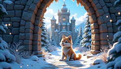 Charming animated fox sitting in snowy landscape with castle in background, capturing a fairy tale atmosphere