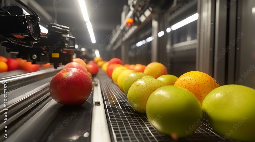Leinwandbilder A high-tech sorting line processes various fruits, including apples and oranges, for juice production in a state-of-the-art facility during daylight hours.