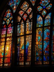 Intricate stained glass window with colorful light.