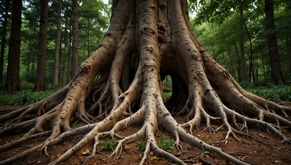 Fototapeta premium Intricate tree roots spreading outward, symbolizing nature's foundation.