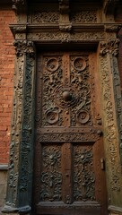 Intricately carved door on a historic building, room for copy.