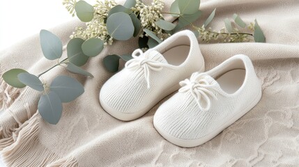 White knitted baby shoes rest in a wooden frame on a soft beige blanket adorned with eucalyptus leaves, showcasing a boho vibe