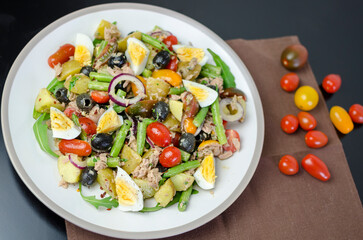 Salad Nicoise -Tuna, with green beans, cherry tomatoes, eggs, cooked potatoes, black olives, anchovies, and a vinaigrette mustard dressing