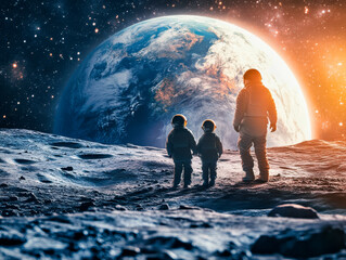 An Astronaut Family with Two Children Watching the Earth from the Moon. Conceptual scene offering a vision of humanity’s future in the cosmos. 