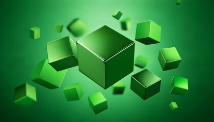 3D floating green cubes on a green color background; graphic resources; graphic elements; multiple cubes floating with solid color background; digital cubes in the air; boxes floating in the space