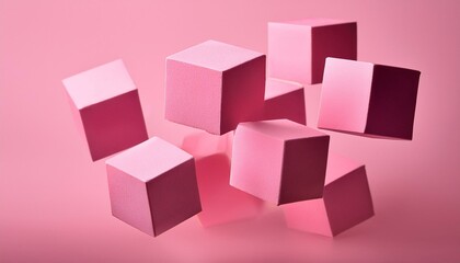 Obraz premium 3D floating pink cubes on a pink color background; graphic resources; graphic elements; multiple cubes floating with solid color background; digital cubes in the air; boxes floating in the space; cube