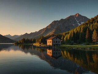 Isolated house by a mountain lake at sunset.