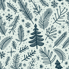 Seamless pattern xmas, blue spruce tree branches, christmas season. Hand drawn illustration Coniferous tree branch with berries and leaves.