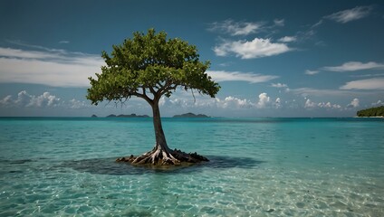 Isolated tree on salt island in turquoise waters.