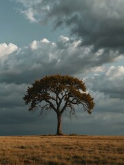 Obraz premium Isolated tree standing alone in a vast landscape.