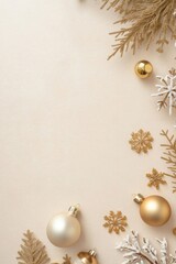 Festive gold Christmas vertical decorations including baubles and a snowflake on a neutral beige surface creating a sophisticated holiday atmosphere