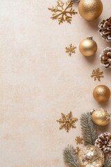 Festive gold Christmas vertical decorations including baubles and a snowflake on a neutral beige surface creating a sophisticated holiday atmosphere