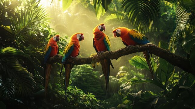 Colorful caiques perched on a tropical tree branch, surrounded by dense greenery and sunlight.