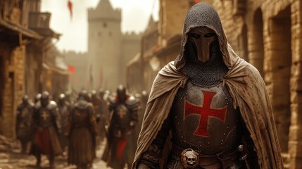 Fototapeta premium Medieval knight in hooded cloak leads army through ancient city.