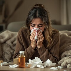 sick woman blowing her nose
