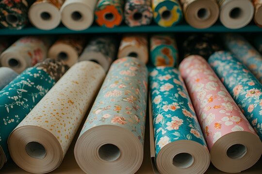 Wallpaper rolls displayed with a wallpaper shop in the background, showcasing a variety of patterns and designs, perfect for home decor and interior styling