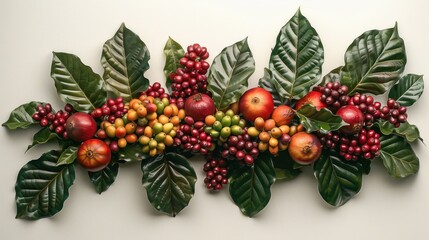 Colorful pomegranates and coffee beans arranged with leaves on white background.