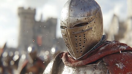 Medieval knight in battle, weathered armor, castle background.