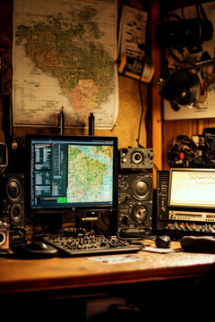 Celebrating World amateur radio day with vintage radio equipment in a cozy workspace. Vertical poster