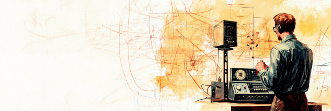 Celebrating world amateur radio day with vintage equipment and enthusiastic communication. Horizontal banner. Copy space. Vintage illustration, white background