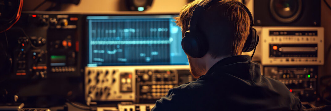 Celebrating world amateur radio day - enthusiast in action with radio equipment and headphones
