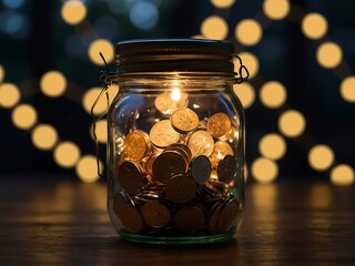 Jar of coins glowing with fairy lights.
