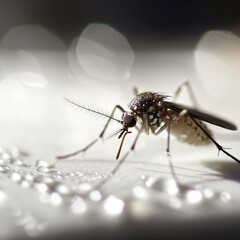 Close-up of mosquito perched on dew-covered surface in early morning light