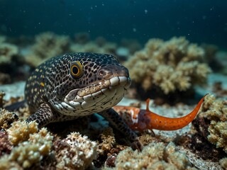 Java moray eel being cleaned by shrimp.
