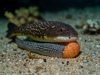Fototapeta premium Java moray eel being cleaned by shrimp.