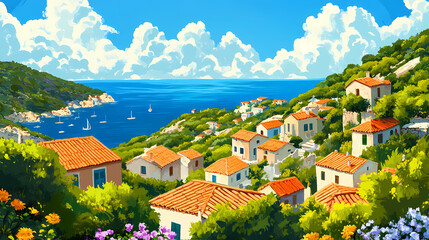 Obraz premium The scenic coastal landscape featuring a quaint village nestled amongst verdant hills overlooking the sparkling blue aegean sea and island. Verdant. Illustration