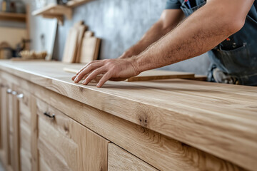 Skilled carpenter crafts beautiful wooden cabinetry in a workshop setting