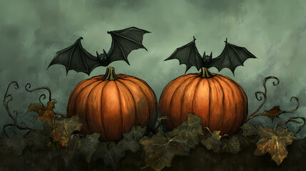 Naklejka premium Two pumpkins rest atop a verdant surface, one bearing a bat atop it. Verdant. Illustration
