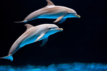 Obraz premium A dolphin glides elegantly through the serene ocean under an overcast sky on a peaceful morning.