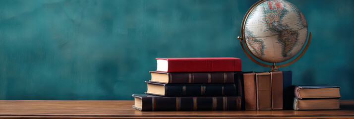 Celebration of World book day with vintage books and globe on wooden table. Horizontal banner. Copy space. International Mother Language Day. Copyright Day