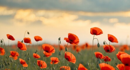 Obraz premium Field of poppies with warm morning sun using as natural background.