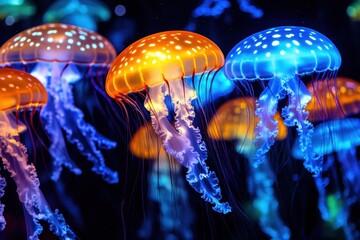 Fototapeta premium オレンジと青のクラゲが美しく漂う水族館の水槽の中