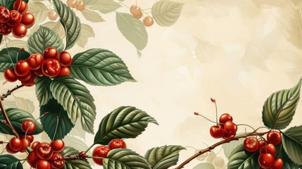 Red cherries on branches with green leaves on a beige background.
