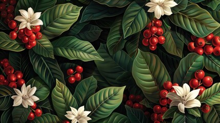 Fototapeta premium Coffee plant blossoms and berries, lush green leaves, detailed illustration.