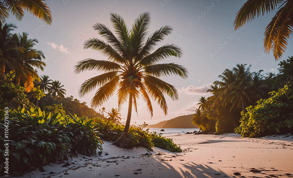 Poster Palm tree is in the foreground of a beach. The palm tree is surrounded by bushes and the beach is sandy