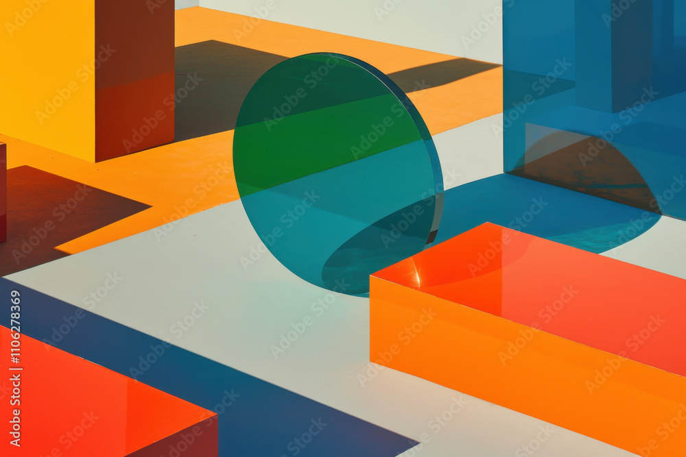 Wall mural bright colorful abstract background made by transparent colored glass empty product display showcase