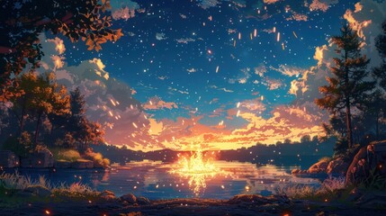 Serene sunset over a lake in a forest, with fire reflecting on the water.