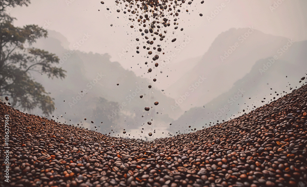 Poster mountain range with a large pile of coffee beans. the beans are scattered all over the ground