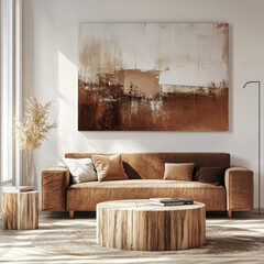 Modern minimalist living room with a brown sofa, wooden accents, large abstract art, and natural light for warmth and elegance.