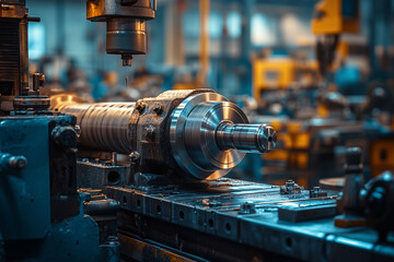 Fototapeta premium Skilled lathe operator demonstrates precision in a busy workshop environment