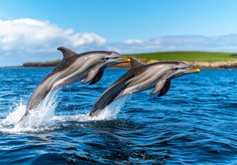 Fototapeta premium Bottlenose dolphins are jumping in the Moray Firth, right in front of Fort George, close to Inverness in Scotland.