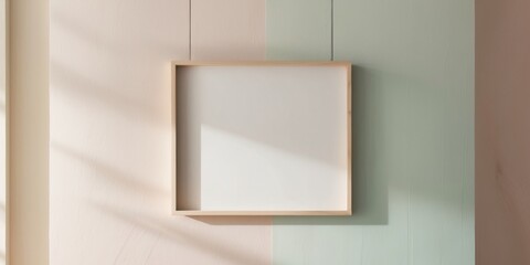 Blank wooden frame on pastel colored walls.