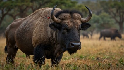 Kaffir buffalo with red-billed oxpecker in Africa.